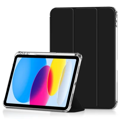 For iPad (2025) / 10.9 (2022) PU Leather Trifold Stand Case Clear Back Cover with Pencil Holder - Black