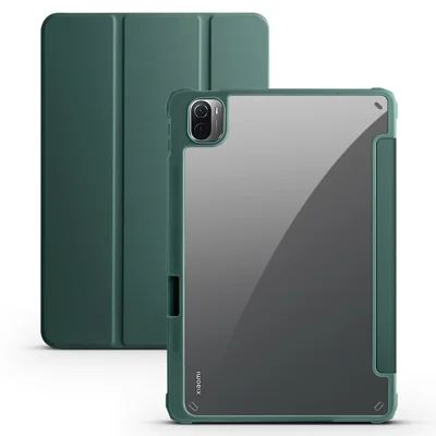 For Xiaomi Pad 5 / Pad 5 Pro Tri-fold Stand Tablet Case PU Leather Front Transparent Acrylic Back Full Body Protective Cover, Support Auto Wake / Sleep Function - Midnight Green