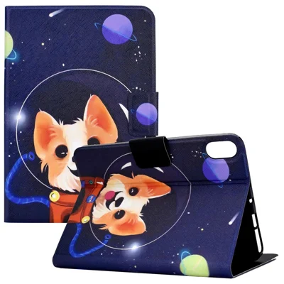 For iPad (2025) / 10.9 (2022) Pattern Printing PU Leather Tablet Case Folding Stand Folio Cover with Card Holder - Space Dog