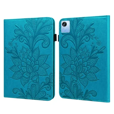 For Realme Pad X Flower Imprinting Foldable Stand Tablet Wallet Case PU Leather Drop-proof Cover with Elastic Band - Blue
