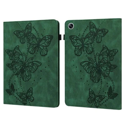 For Oppo Pad Air PU Leather Card Holder Protective Cover Butterfly Imprinted Tablet Foldable Stand Case with Elastic Band - Green