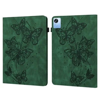 For Realme Pad X Butterfly Imprinted Tablet Full Protection Stand Case PU Leather Card Holder Cover with Elastic Band - Green