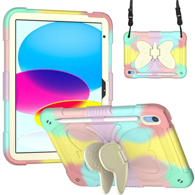 For iPad (2025) / 10.9 (2022) Silicone + PC Tablet Case Butterfly Shape Kickstand Anti-Drop Protective Cover with Shoulder Strap - Colorful Rose Gold