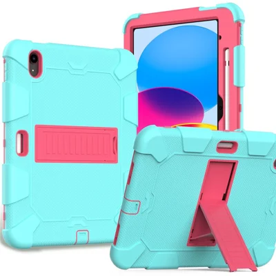 For iPad (2025) / 10.9 (2022) Dual Color Silicone + PC Tablet Case Kickstand Shockproof Protective Cover - Mint Green  /  Rose