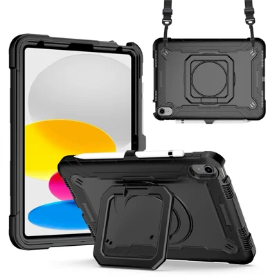 Pour iPad (2025) / iPad 10,9 (2022) étui pour tablette en PC + silicone avec support pivotant à 360 degrés et sangle d'épaule détachable - Noir