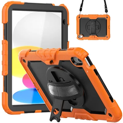 Funda con soporte para iPad (2025) / iPad 10.9 (2022) Funda protectora de silicona + PC resistente con correa giratoria para mano y correa para hombro - Naranja
