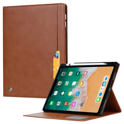 Capa em Couro Sintético com Ranhura Externa para Cartões para iPad (2025) / 10,9 (2022), Suporte Dobrável, Carteira com Ranhura para Caneta, com Função de Ativação/Desligamento Automático - Marrom