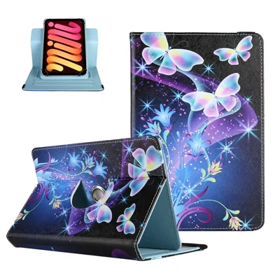 Rotating PU Leather Cover for 8-inch Tablet, Pattern Printing Elastic Band Folio Stand Protective Case with Card Slots - Blue Butterflies