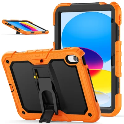 Étui de protection en silicone + PC pour iPad (2025) / 10,9 (2022), support intégré, housse antichoc pour tablette avec sangle d'épaule - Noir/Orange