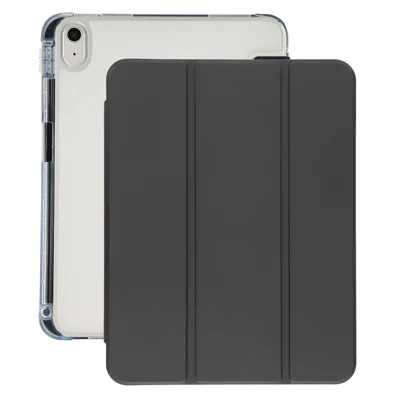 For iPad (2025) / 10.9 (2022) Tri-Fold Stand PU Leather Cover Transparent TPU Tablet Case with Pen Slot - Black