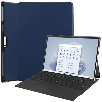 JUNSUNMAY For Microsoft Surface Pro 9 PU Leather + PC Tablet Case Solid Color Full Protection Stand Cover - Dark Blue