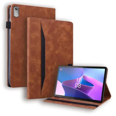 Folia na tablet Lenovo Pad Plus 2023 11,5 cala, etui typu business z funkcją stojaka i portfelikiem, odporno na upadek, z pokrowcem z syntetycznej skóry PU z paskiem elastycznym i uchwytem na ołówek - brązowy