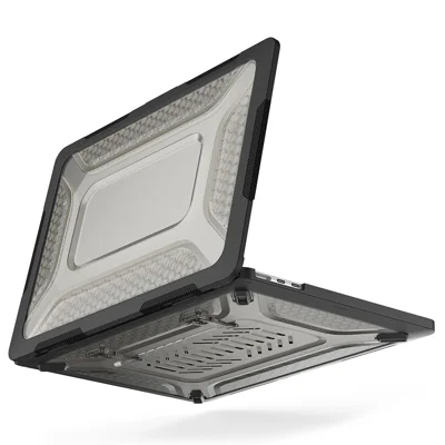 Für MacBook Air 13 Zoll (2025) / (2024) / (2022) M2 A2681, Gehäuse mit Wärmeableitung, stoßfest, Hart-PC-weiches TPU, Ständer, Schwarz