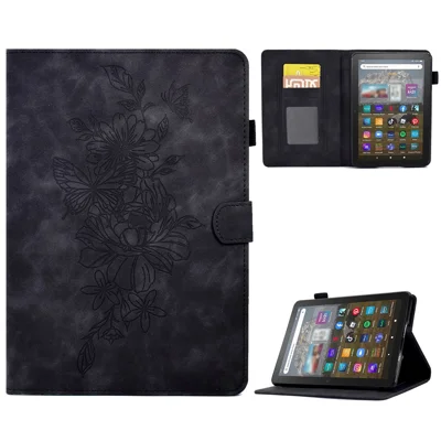 For Amazon Kindle Youth Edition 2022 Stitching PU Leather Auto Sleep / Wake Smart Cover Butterfly Flower Pattern Imprinted Folio Stand Card Slot Tablet Case - Black