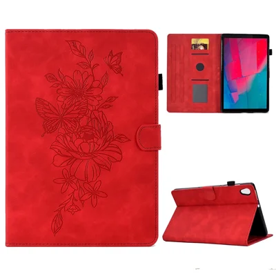 For Lenovo Tab M10 HD Gen 2 (X306X) Drop-proof PU Leather Tablet Case Stand with Card Slots Butterfly Flower Pattern Imprinted Auto Sleep / Wake Cover - Red