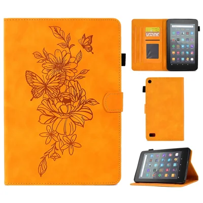 For Amazon Fire 7 (2015) / (2017) / (2019) Butterfly Flower Pattern Imprinted Magnetic Flip Protection Cover PU Leather Stand Card Holder Tablet Case with Auto Wake / Sleep - Khaki