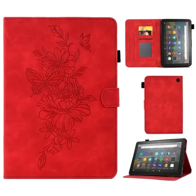 Butterfly Flower Pattern Imprinted Leather Case for Amazon Fire 7 (2022), Stitching Line Full Protection Tablet Cover with Card Holder Stand - Red