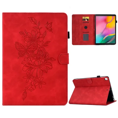 Pour Samsung Galaxy Tab A 10.1 (2019) T510 / T515 Patché à Fleurs Papillon / Fonctionnalité de Sommeil - Rouge
