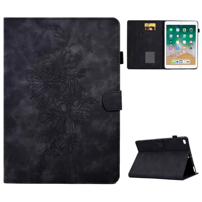 For iPad Air (2013) / Air 2 / iPad 9.7-inch (2017) / 9.7-inch (2018) Anti-Drop Leather Case Butterfly Flower Pattern Imprinted Shockproof Tablet Cover with Card Holder, Stand - Black