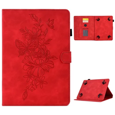Stand Card Holder PU Leather Cover for 8-inch Tablet, Butterfly Flower Pattern Imprinted Stitching Line Protective Tablet Cover - Red