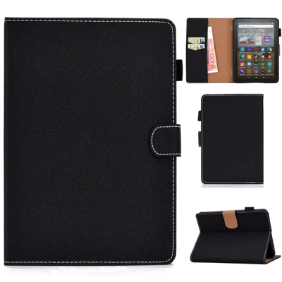 Capa de Tablet em Pele Sintética com Costura para Amazon Kindle Youth Edition 2022, com Ranhura para Cartões, Suporte Tipo Pasta e Suporte para Lápis - Preto