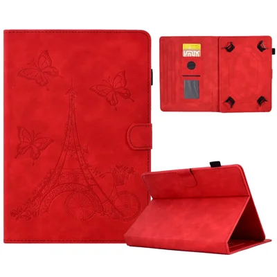 Microfiber Leather Case for Universal 7-inch Tablet, Tower Bike Butterfly Pattern Imprinted Shell Stand Smart Card Holder Protective Tablet Cover - Red