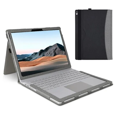 Schutzhülle für Microsoft Surface Book 1 / 2 / 3, 15 Zoll, kratzfest, abnehmbare Ledertasche mit Ständer – Schwarz / Grau