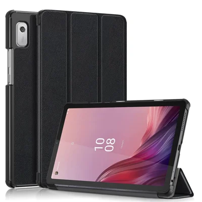 Funda de soporte plegable de tres pliegues para Lenovo Tab M9 TB-310FU, funda de tableta de cuero PU con activación/suspensión automática - Negro