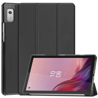 Para Lenovo Tab M9 Funda de tableta de cuero PU antiarañazos con soporte plegable de tres pliegues, funda protectora - Negro