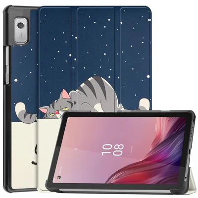 Funda de Soporte Plegable Tri-Fold para Tableta Lenovo Tab M9 con Impresión de Patrón, Cuero PU + Cubierta Protectora de PC - Gato