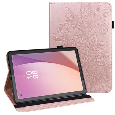 For Lenovo Tab M9 TB-310FU Flower Imprinting Tablet Cover PU Leather Stand Wallet Protective Case - Rose Gold