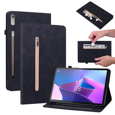 For Lenovo Tab P11 Pro Gen 2 PU Leather Case Elastic Band Closure Tablet Cover with Zipper Pocket - Black