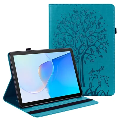 Für Huawei MatePad SE 10,4-Zoll stoßfester Fall Baumhirsch bedruckt Ledertasche mit Standfunktion und Kartenfächern – Blau