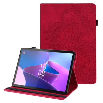 For Lenovo Tab P11 Gen 2 Flower Imprinting Tablet Shell PU Leather Card Holder Drop-proof Stand Case - Red