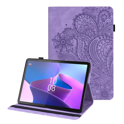For Lenovo Tab P11 Pro Gen 2 PU Leather Stand Drop-proof Case Flower Imprinting Card Holder Tablet Cover - Purple