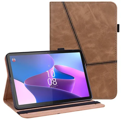 Leather Tablet Case for Lenovo Tab P11 Pro Gen 2 , Line Imprinted Anti-drop Tablet Cover Stand Card Holder - Brown
