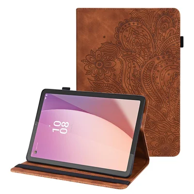 For Lenovo Tab M9 TB-310FU Flip PU Leather Cover Flower Imprinting Stand Card Holder Tablet Case - Brown