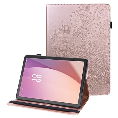 For Lenovo Tab M9 TB-310FU Flip PU Leather Cover Flower Imprinting Stand Card Holder Tablet Case - Rose Gold