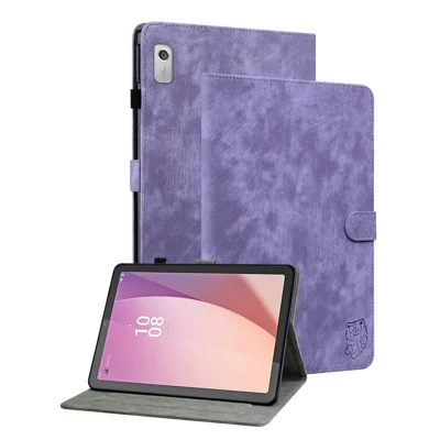 PU Leather Case for Lenovo Tab M9 TB-310FU Cute Tiger Pattern Tablet Protective Sleeve with Stand / Card Holder - Purple