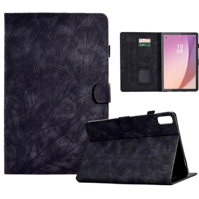 Funda de Cuero con Patrón de Árbol para Lenovo Tab M9 TB-310FU, Funda Protectora Antigotas con Ranura para Tarjetas - Negro