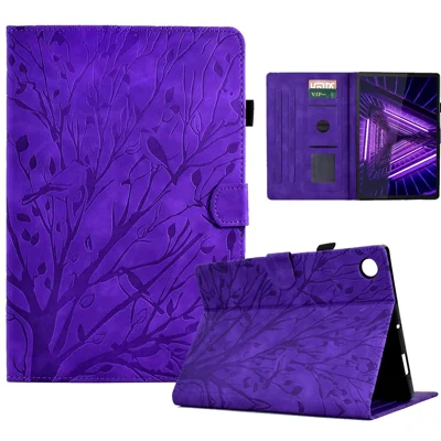 Capa de Couro à Prova de Choque para Lenovo Tab M10 Plus TB-X606F, Capa de Tablete com Slot para Cartão com Impressão de Árvore - Roxo
