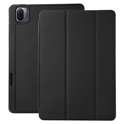 For Xiaomi Pad 5 / Pad 5 Pro Tri-Fold Stand Tablet Case Solid Color PU Leather Cover with Pencil Slot - Black