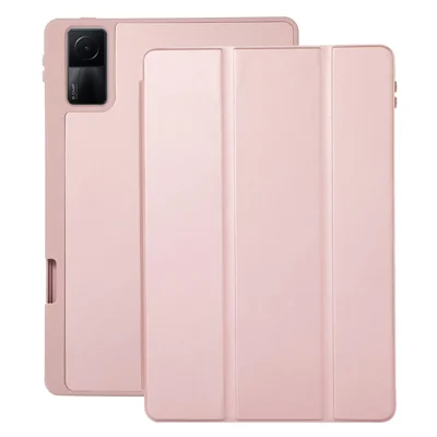 For Xiaomi Redmi Pad PU Leather Tri-Fold Stand Case Solid Color Protective Tablet Cover with Pen Holder - Pink