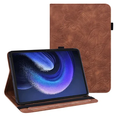 For Xiaomi Pad 6 Anti-Scratch PU Leather Tablet Stand Case Flower Imprinting Wallet Tablet Cover - Brown