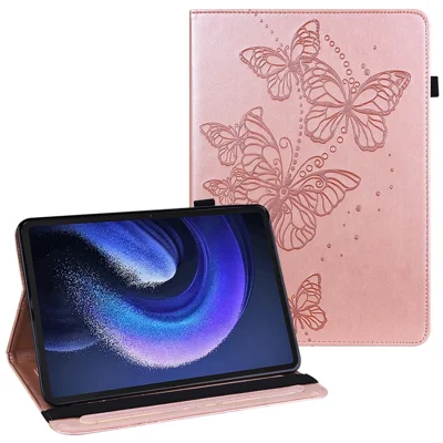 For Xiaomi Pad 6 PU Leather Case Imprinted Butterfly Wallet Function Stand Tablet Cover - Rose Gold