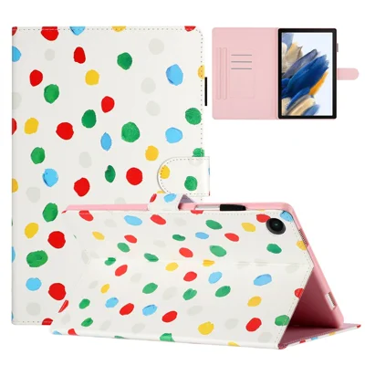 For Samsung Galaxy Tab A8 10.5 (2021) X200 / X205 Dots Pattern PU Leather Stand Case Card Holder Tablet Cover - White / Multi-color Dots