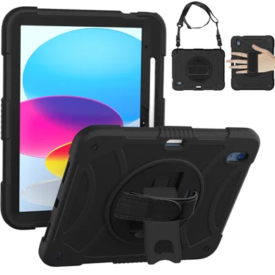 For iPad (2025) / 10.9 (2022) Rotating Kickstand Tablet Case Silicone+PC Anti-Drop Cover with Pencil Holder / Shoulder Strap - Black