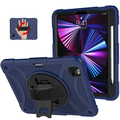 Tablet Case for iPad Pro 11 (2018) / (2020) / (2021) / (2022) / iPad Air (2020) / (2022) , Silicone+PC Rotating Kickstand Protective Cover with Pencil Holder - Navy Blue