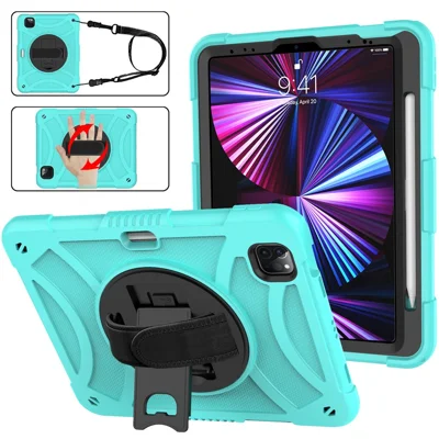 Rotating Kickstand Cover for iPad Pro 11 (2018) / (2020) / (2021) / (2022) / iPad Air (2020) / (2022) , Silicone+PC  Tablet Case with Pencil Holder / Shoulder Strap - Mint Green