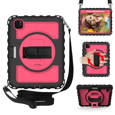 For iPad Pro 11-inch (2018) / (2020) / (2021) / (2022) / Air (2022) / (2020) Silicone+PC Case Rotary Kickstand Tablet Cover with Strap - Black+Rose